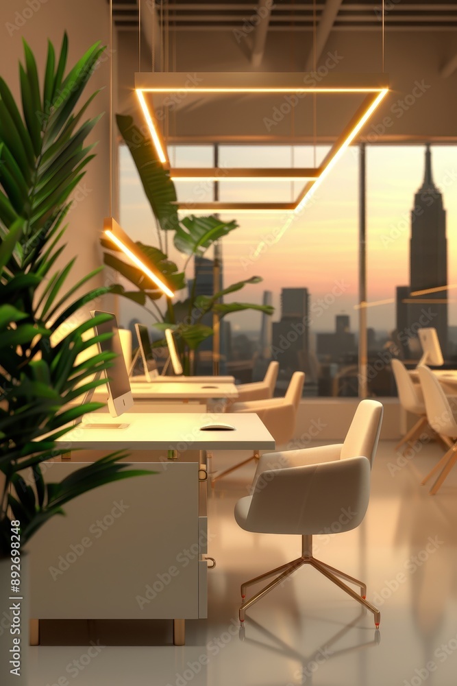 Obraz premium A modern office with a large window overlooking the city. The room is filled with white furniture and has a minimalist design