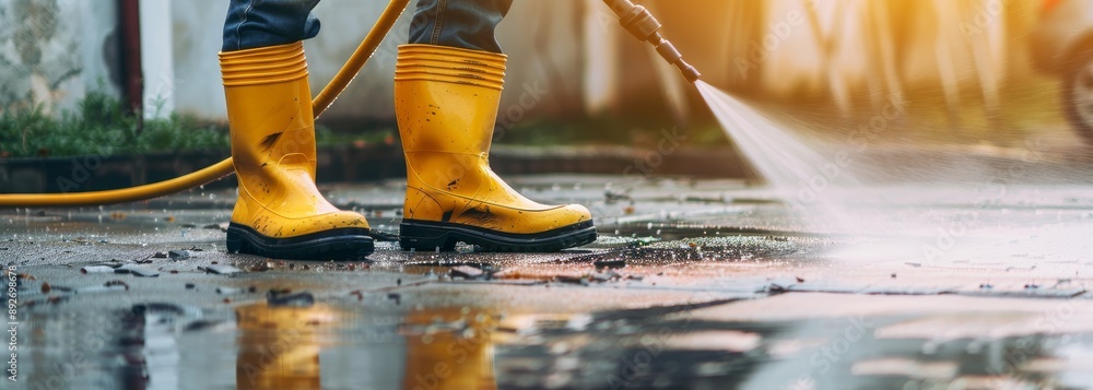Fototapeta premium Worker in rubber boots cleaning driveway wallpaper background
