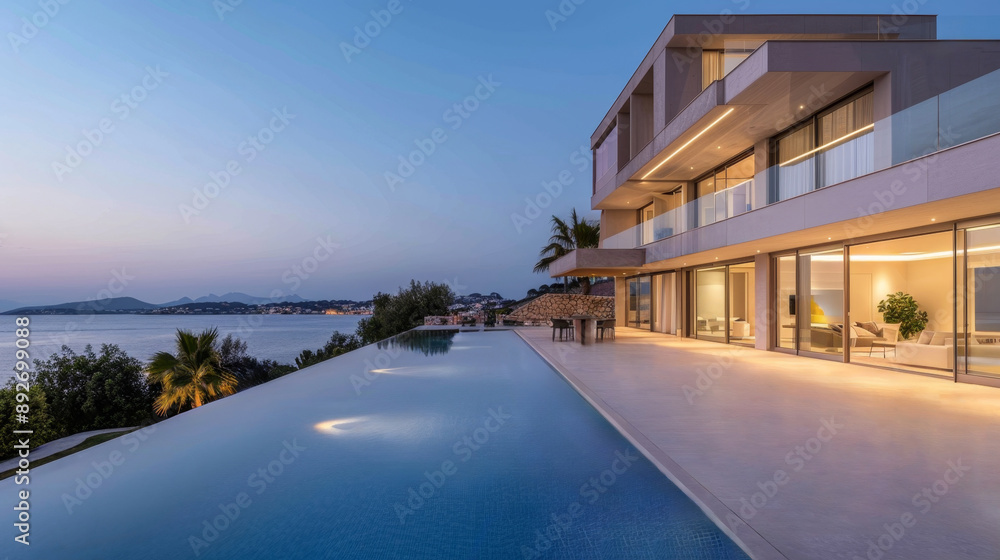 Obraz premium Luxury modern beige villa in a minimalist style in shore sea vie. Infinity pool in front of the villa. Modern architecture and investment in luxury real estate by the sea relax concept. Generative AI.