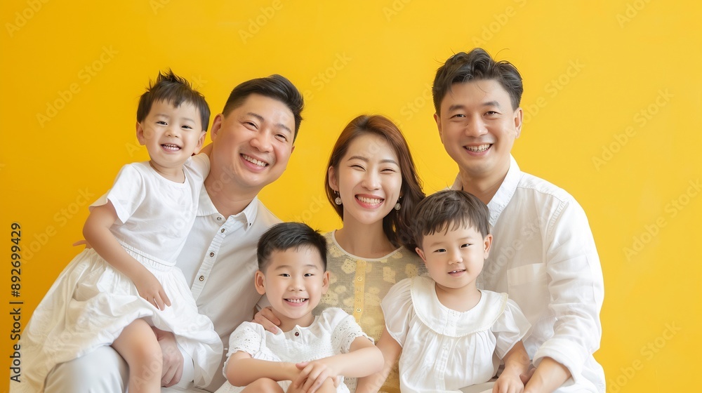 Happy Asian Family Portrait Against Yellow Background Happy Asian Family Portrait Against Yellow Background