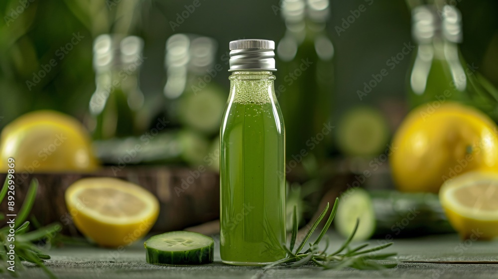 A detoxifying juice shot with wheatgrass, cucumber, and lemon in a small bottle A detoxifying juice shot with wheatgrass, cucumber, and lemon in a small bottle