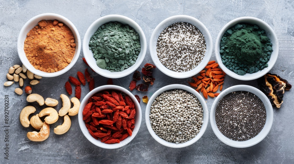 A selection of superfoods for detoxification, such as spirulina, goji berries, chia seeds, and raw nuts A selection of superfoods for detoxification, such as spirulina, goji berries, chia seeds, and raw nuts