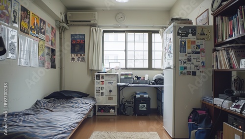 Bright and Inviting University Dorm Room in Japan with Wooden Furniture, Soft Pastel Colors, and Cozy Study Area Reflecting College Life