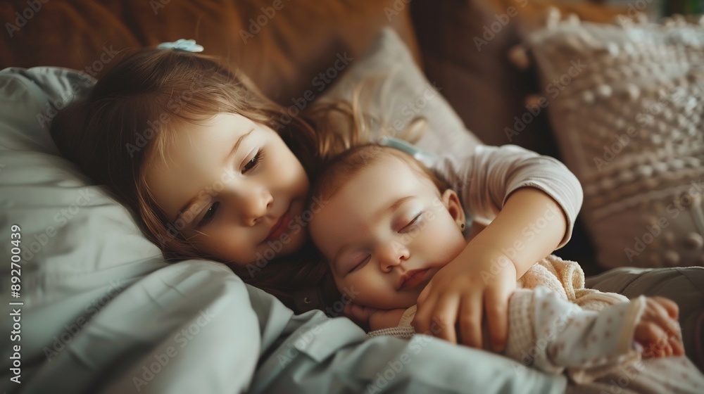 Sibling Love: An Older Sister Tending to Her Sleeping Baby Brother Sibling Love: An Older Sister Tending to Her Sleeping Baby Brother