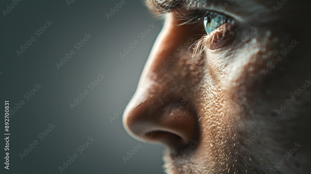 Close-up of a man's face with a focus on his nose and eye, set against a blurred gray background. Close-up of a man's face with a focus on his nose and eye, set against a blurred gray background.
