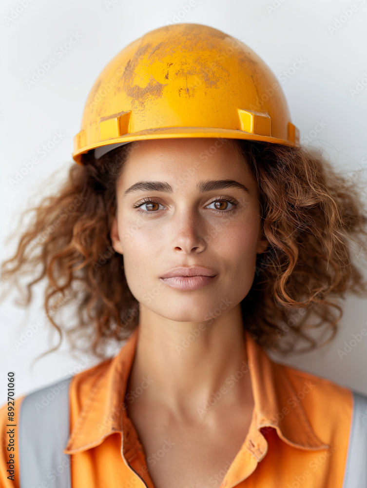 A woman with curly hair is wearing a yellow hard hat A woman with curly hair is wearing a yellow hard hat