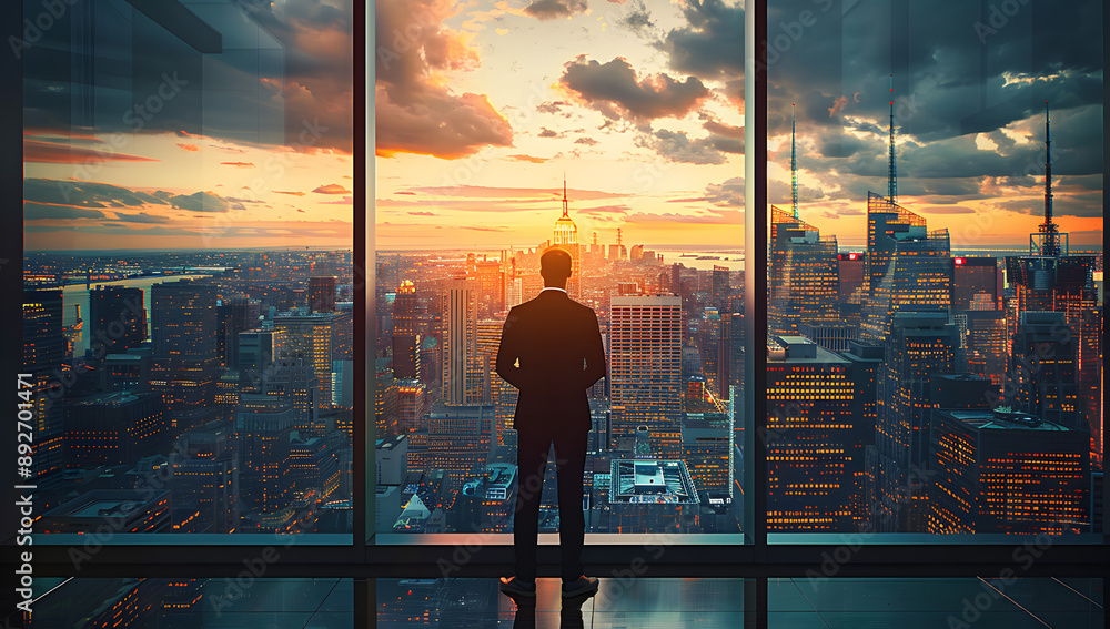 Fototapeta premium Successful Businessman in New York Style Office with Panoramic City View