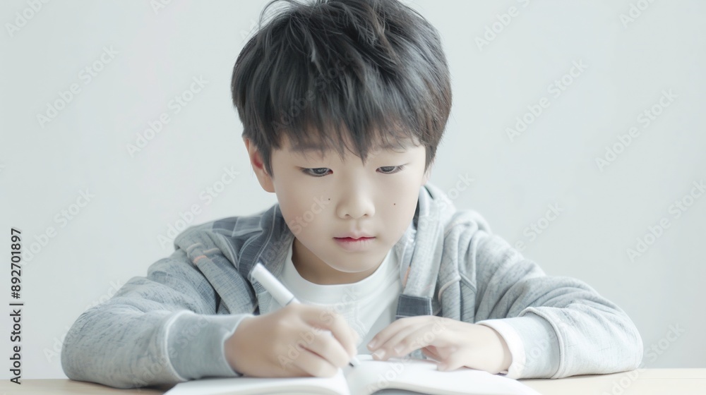 Young Boy Concentrating on Writing in Notebook Young Boy Concentrating on Writing in Notebook
