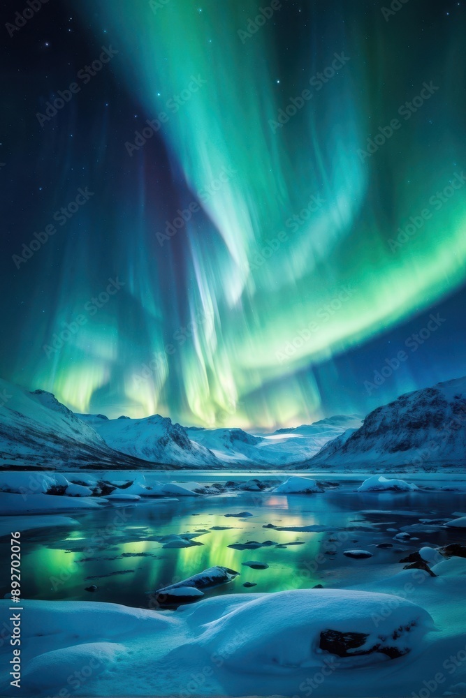 Arctic Majesty: Ethereal Northern Lights Dance Over a Snow-Blanketed Landscape. generative AI Arctic Majesty: Ethereal Northern Lights Dance Over a Snow-Blanketed Landscape. generative AI