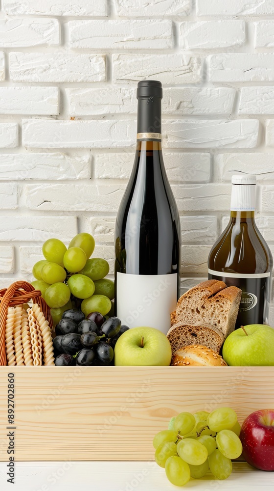 A cardboard box is overflowing with various groceries, including fresh produce, bread, and beverages, all against a backdrop of a white brick wall A cardboard box is overflowing with various groceries, including fresh produce, bread, and beverages, all against a backdrop of a white brick wall