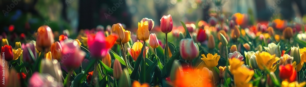 Fototapeta premium A vibrant field of colorful tulips in full bloom, capturing the essence of spring with nature's stunning beauty and diversity.