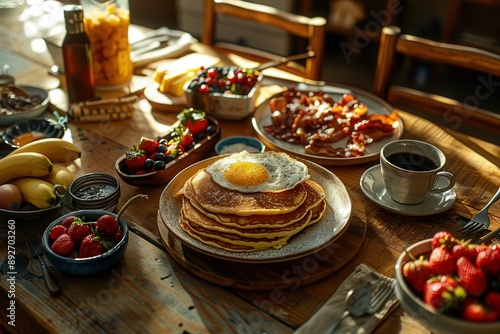 Delicious breakfast spread featuring pancakes, eggs, bacon, fresh fruit, and coffee on a rustic wooden table. photo