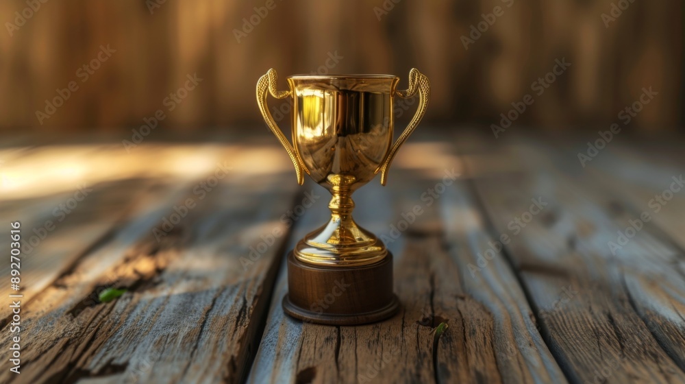 Shiny gold trophy standing proudly on a rustic wooden table Shiny gold trophy standing proudly on a rustic wooden table