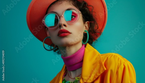 Fashion portrait of the 90s in retro style in bright colors
