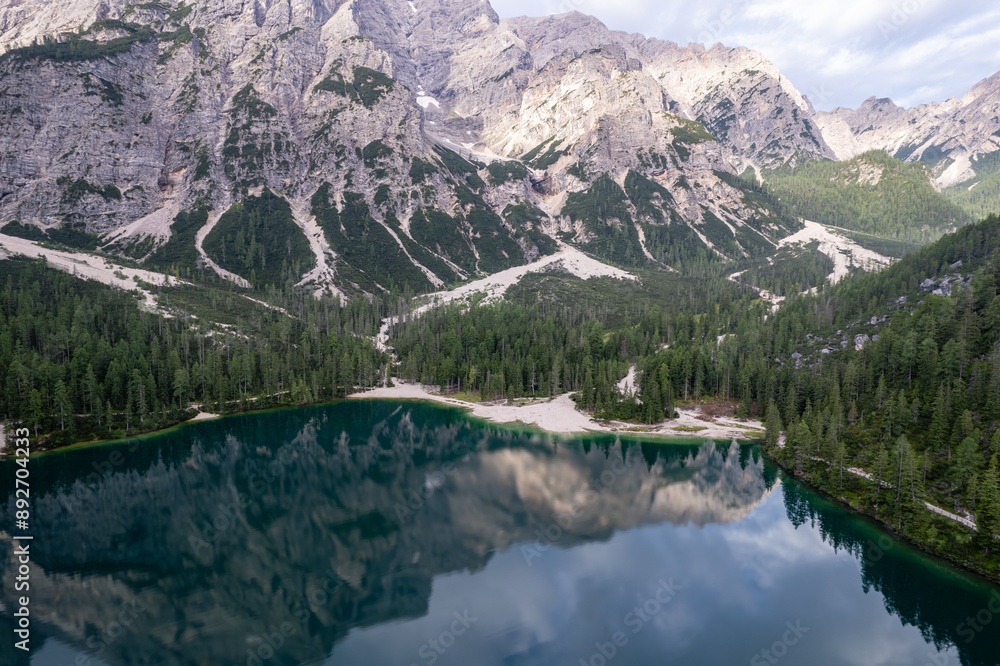 The Pragser Wildsee, or Lake Prags, Lake Braies (Italian: Lago di Braies; German: Pragser Wildsee) is a natural lake in the Prags Dolomites in South Tyrol, Italy. Drone photo The Pragser Wildsee, or Lake Prags, Lake Braies (Italian: Lago di Braies; German: Pragser Wildsee) is a natural lake in the Prags Dolomites in South Tyrol, Italy. Drone photo