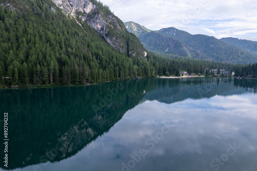 The Pragser Wildsee, or Lake Prags, Lake Braies (Italian: Lago di Braies; German: Pragser Wildsee) is a natural lake in the Prags Dolomites in South Tyrol, Italy. Drone photo