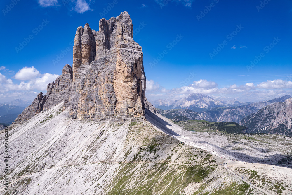 Tre Cime di Lavaredo Dolomites Italy, drone photo Tre Cime di Lavaredo Dolomites Italy, drone photo