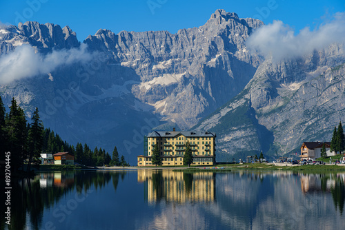 Lake Misurina (Italian: Lago di Misurina) is the largest natural lake of the Cadore and it is 1,754 m above sea level, near Auronzo di Cadore (Belluno) Dolomites, Italy 5.07.2024
