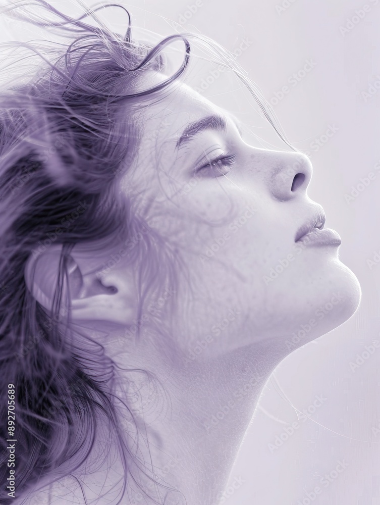 Fototapeta premium Profile of a Young Woman with Windswept Hair in Soft Purple Tones