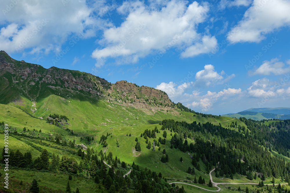Fototapeta premium Seiser Alm (Italian: Alpe di Siusi, Ladin: Mont Sëuc) is a Dolomite plateau and the largest high-elevation Alpine meadow in Europe. Located in Italy's South Tyrol province in the Dolomites