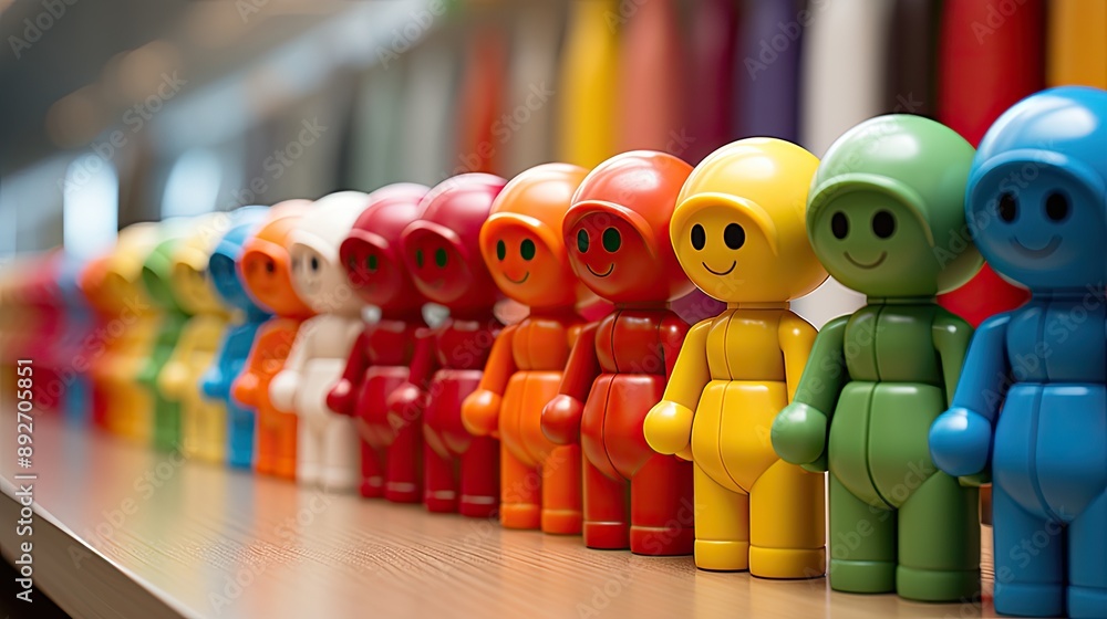 Naklejka premium 3d row of group of toy people 