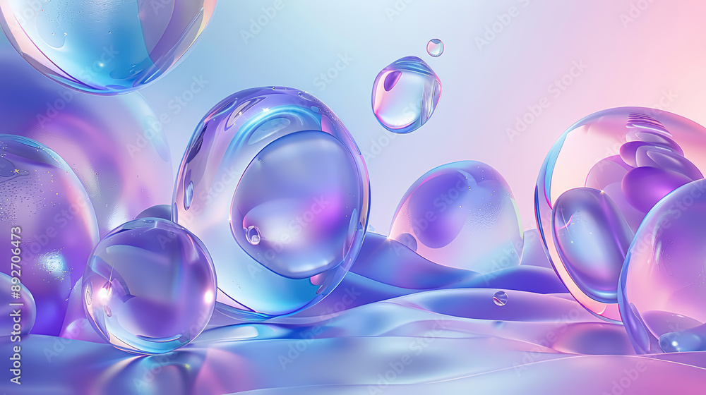 Abstract pc desktop wallpaper background with iridescent large bubbles on a pastel purple background. Abstract pc desktop wallpaper background with iridescent large bubbles on a pastel purple background.