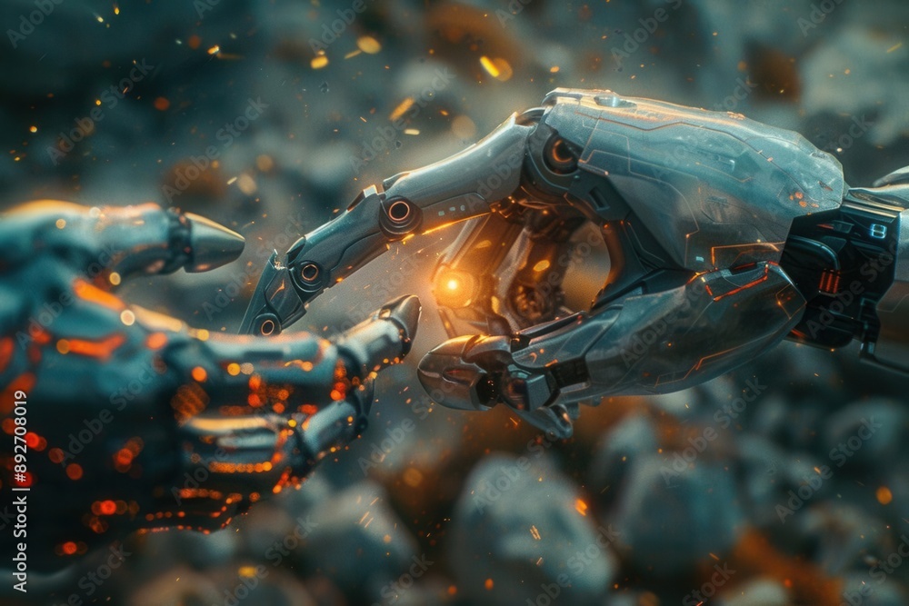 Closeup, human finger touching robots metallic finger, soft light, detailed textures, harmonious coexistence, futuristic and serene Closeup, human finger touching robots metallic finger, soft light, detailed textures, harmonious coexistence, futuristic and serene