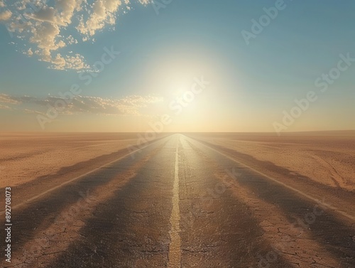 Desert adventure road, empty asphalt, vast landscape, bright sunlight, endless horizon photo