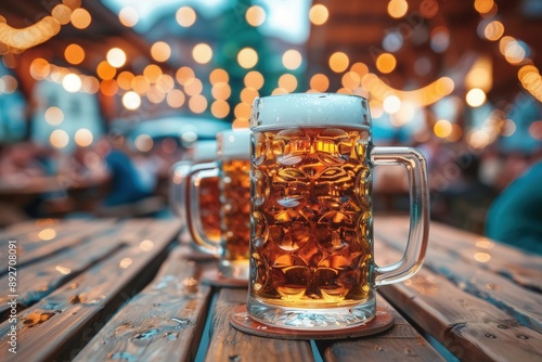 Brimming beer mugs on a table, happy crowd drinking, Oktoberfest tent adorned with colorful banners, festive lights photo