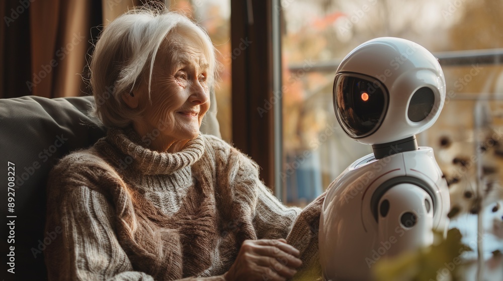 Fototapeta premium elderly woman talking to modern white robotic house helper