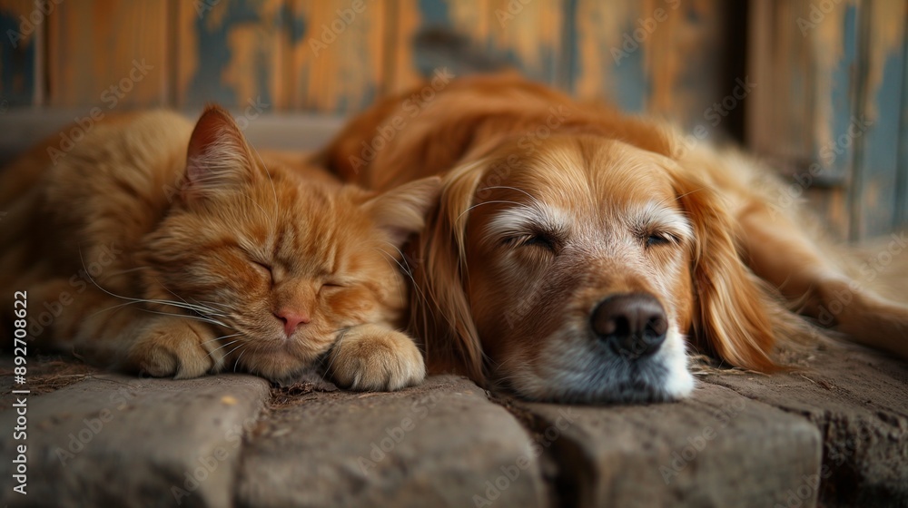 close up, cat and dog together lying close up, cat and dog together lying