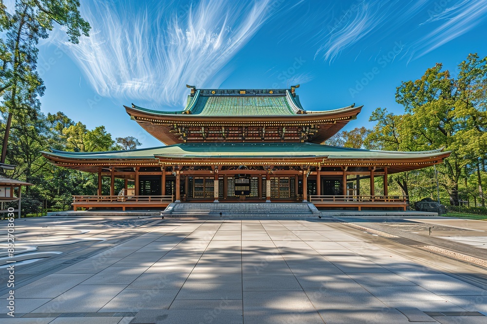 Large Wooden Temple with Green Roof Surrounded by Trees, Symmetrical Composition, Traditional Japanese Architecture, Bright Colors, Tranquil and Grand Scene Large Wooden Temple with Green Roof Surrounded by Trees, Symmetrical Composition, Traditional Japanese Architecture, Bright Colors, Tranquil and Grand Scene