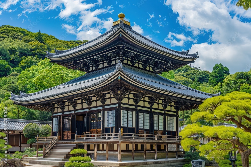 Large Wooden Temple with Green Roof Surrounded by Trees, Symmetrical Composition, Traditional Japanese Architecture, Bright Colors, Tranquil and Grand Scene Large Wooden Temple with Green Roof Surrounded by Trees, Symmetrical Composition, Traditional Japanese Architecture, Bright Colors, Tranquil and Grand Scene