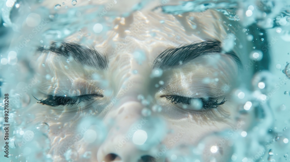 Fototapeta premium A woman's face is partially submerged in water, with her eyes and nose visible. The water is filled with bubbles, creating a dreamy and ethereal atmosphere