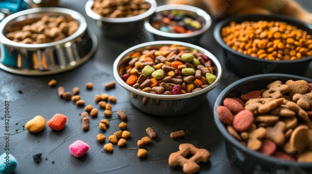 Variety of dog and cat food Variety of dog and cat food