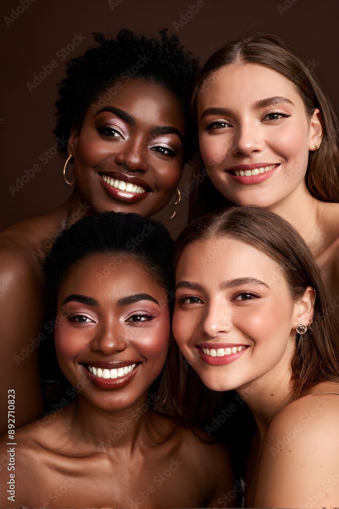 diversity and vertical portrait of women happy with makeup for cosmetic skincare isolated in studio brown background. Skin, aesthetic and young friends together for self care, dermatology and support diversity and vertical portrait of women happy with makeup for cosmetic skincare isolated in studio brown background. Skin, aesthetic and young friends together for self care, dermatology and support
