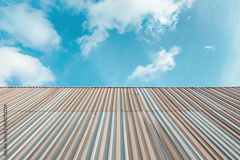 Close-Up of Industrial Building Roof with Light Brown Tiles and White Vertical Stripes Against Blue Sky with Clouds Close-Up of Industrial Building Roof with Light Brown Tiles and White Vertical Stripes Against Blue Sky with Clouds