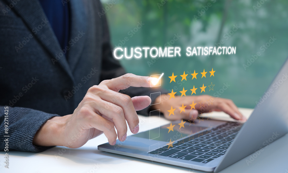 Rating Customer Satisfaction Online. Businessman interacting with customer satisfaction rating interface on a laptop, selecting five stars for high satisfaction. feedback survey concept, Review stars, Rating Customer Satisfaction Online. Businessman interacting with customer satisfaction rating interface on a laptop, selecting five stars for high satisfaction. feedback survey concept, Review stars,