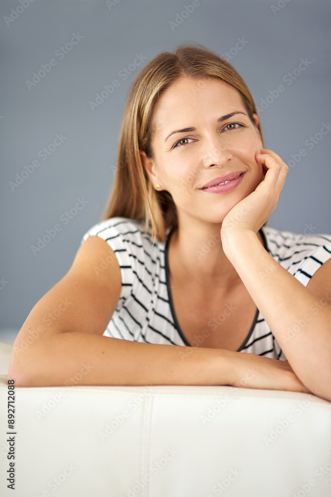 Relax, confident or portrait of woman on sofa in living room to enjoy peace or break in house or home. Face, satisfaction and female person on couch lounge alone to rest, chill and smile on day off Relax, confident or portrait of woman on sofa in living room to enjoy peace or break in house or home. Face, satisfaction and female person on couch lounge alone to rest, chill and smile on day off