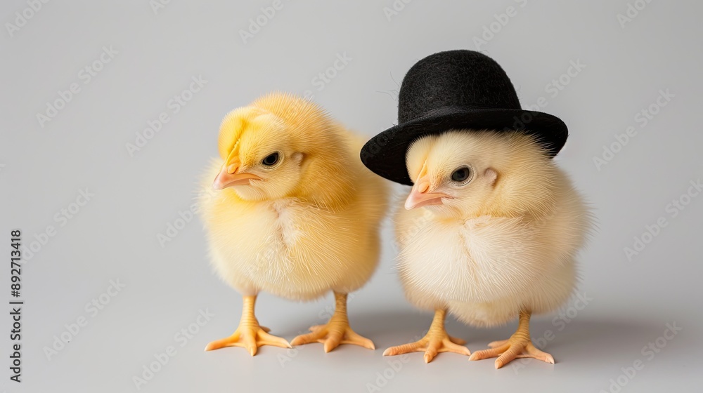 Obraz premium Three yellow chicks stand in a row on snowy ground, with the middle chick wearing a black top hat