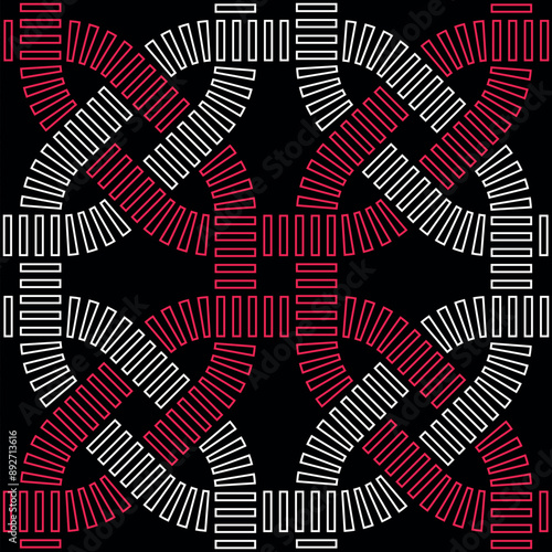 Seamless abstract geometric pattern with red and white interlaced dashed lines on a black background. Ethnic design in modern style. Vector illustration.