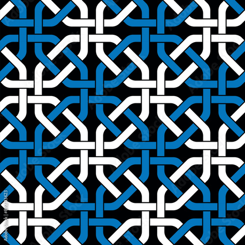 Ethnic style design with blue and white intertwined lines on a black background. Chained geometric shapes. Seamless repeating pattern.