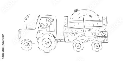 Sketch man on tractor on a trailer transport large bale of hay. Harvesting. Simple vector illustration in doodle style