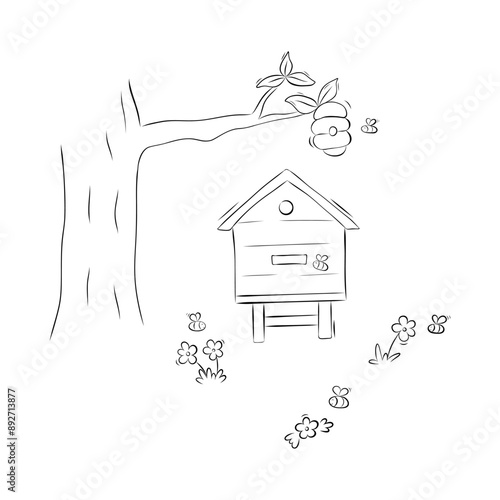 Sketch bee hive and bee house. Simple vector illustration in doodle style