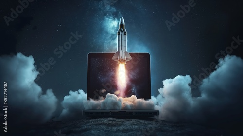Rocket Launching from Laptop in Cosmic Background created by ai