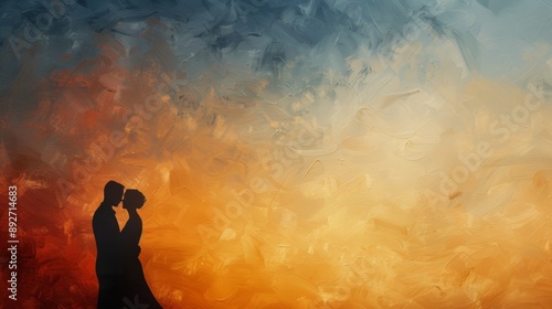 Silhouette of a couple embracing against a vibrant sunset sky painted in warm and cool tones, perfect for illustrating romance and love.