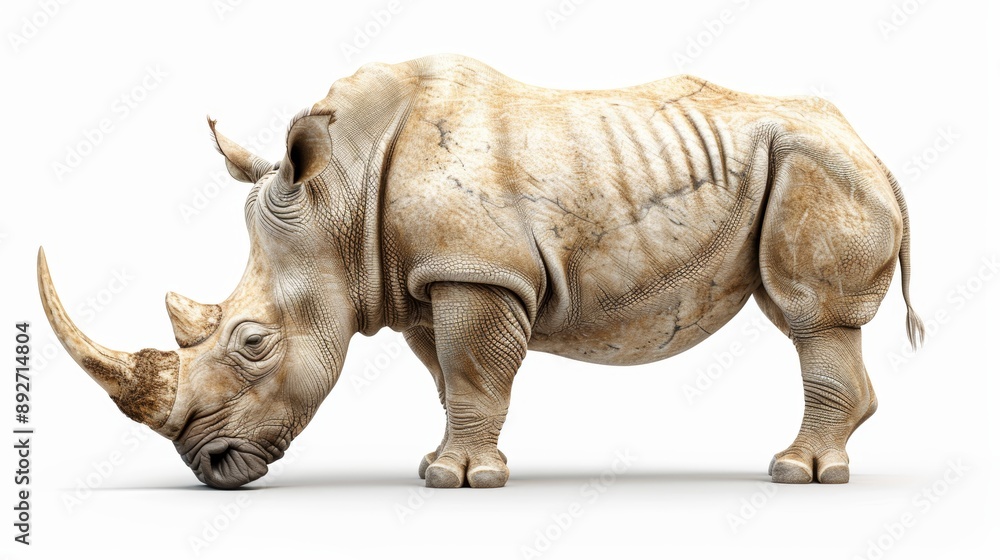 Obraz premium Stock photo of a majestic rhinoceros with a prominent horn, standing in profile view against a white background, showcasing its powerful form.