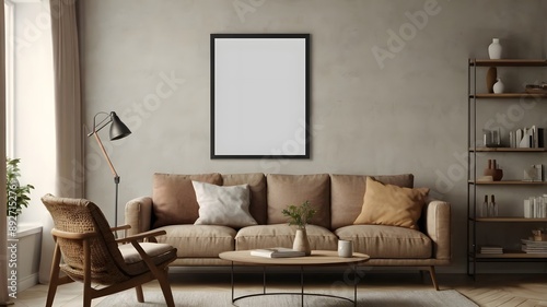 Frame mockup, ISO A paper size. Living room wall poster mockup. Interior mockup with house background.