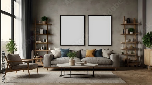 Frame mockup, ISO A paper size. Living room wall poster mockup. Interior mockup with house background.