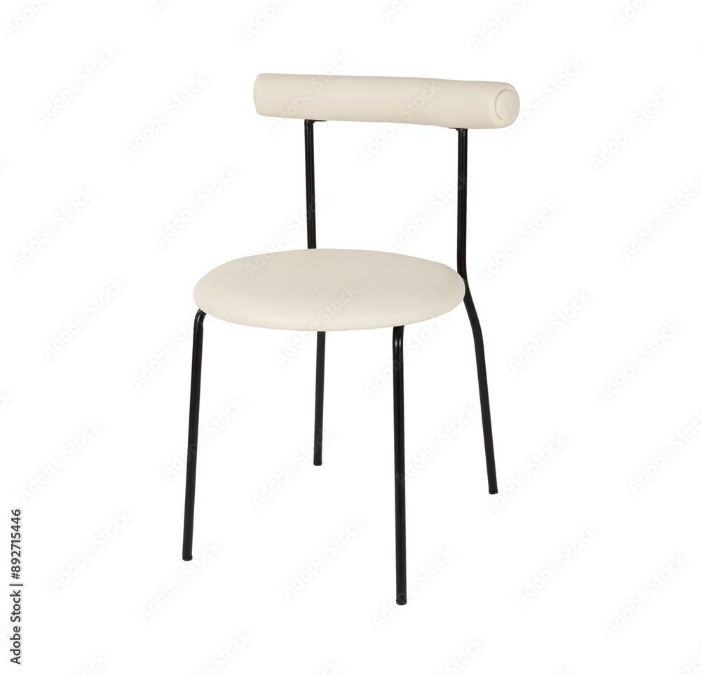 White color chair. Metal and white leather. Isolated chair on white background. Metal chair upholstered in white leather. Modern white chair design.